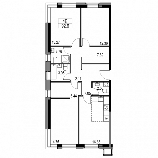 Четырёхкомнатная квартира 92.6 м²