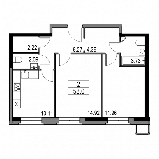 Двухкомнатная квартира 58 м²