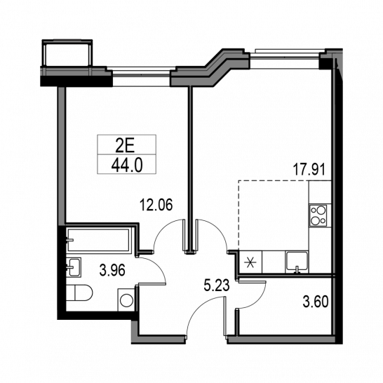 Двухкомнатная квартира 44 м²