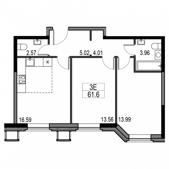 Трёхкомнатная квартира 61.6 м²