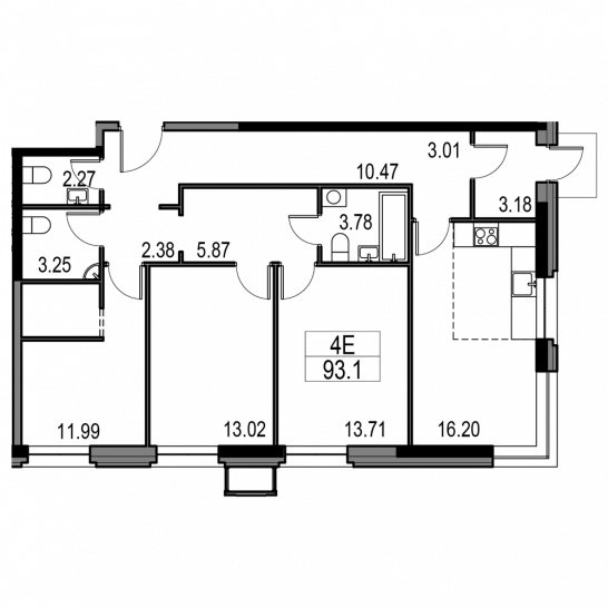 Четырёхкомнатная квартира 93 м²