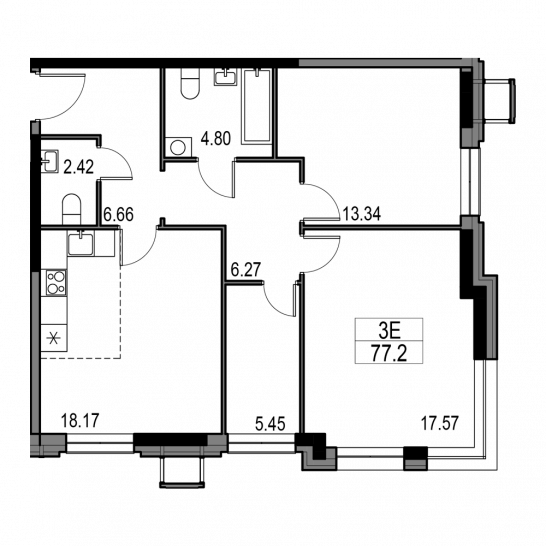 Трёхкомнатная квартира 77.2 м²