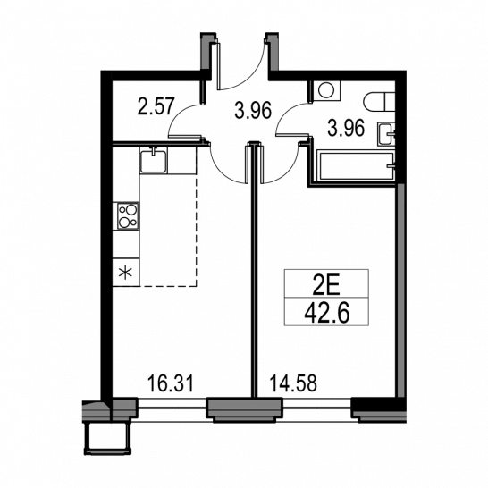 Двухкомнатная квартира 42.6 м²