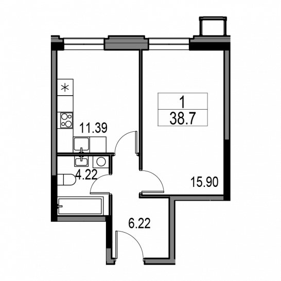 Однокомнатная квартира 38.7 м²