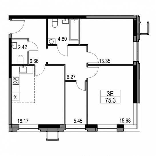 Трёхкомнатная квартира 75.3 м²