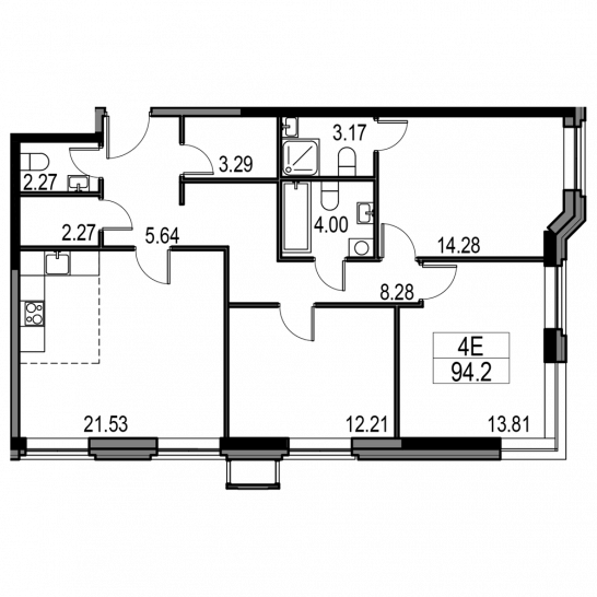 Четырёхкомнатная квартира 94.2 м²