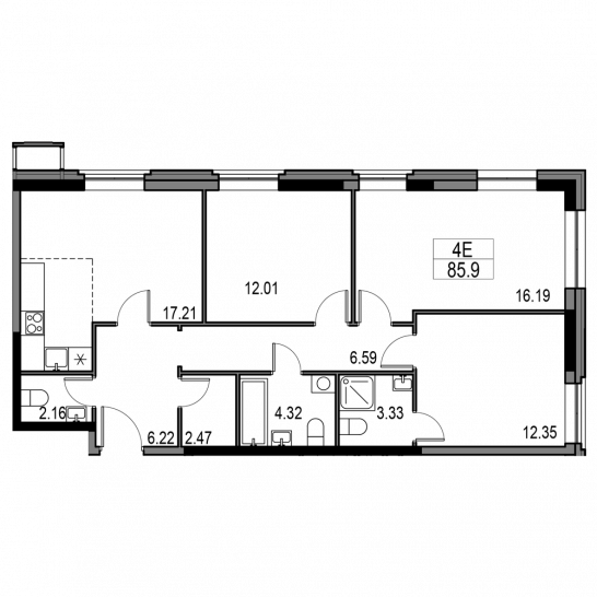 Четырёхкомнатная квартира 85.9 м²