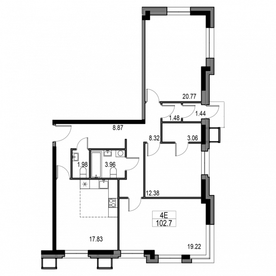 Четырёхкомнатная квартира 102.5 м²