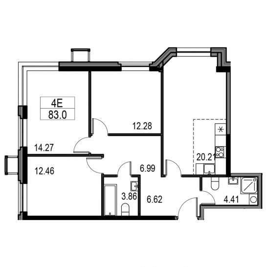 Четырёхкомнатная квартира 83.4 м²