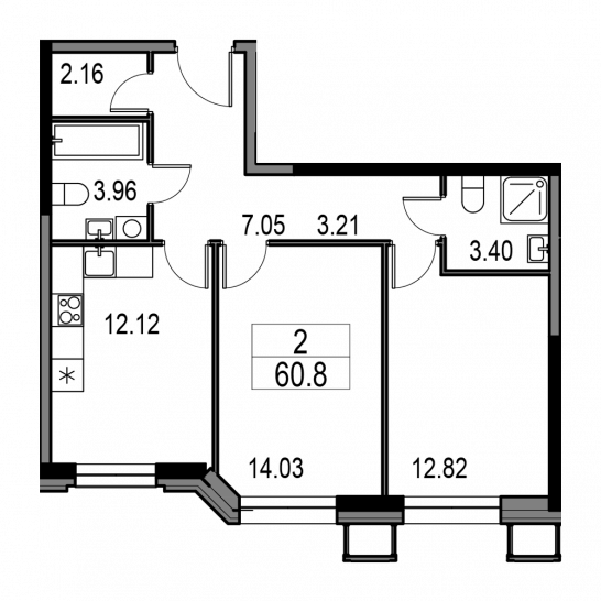 Двухкомнатная квартира 60.9 м²