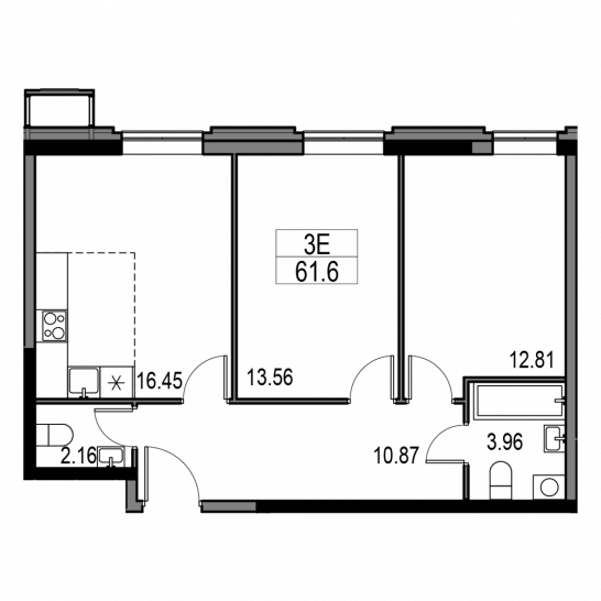 Трёхкомнатная квартира 61.6 м²