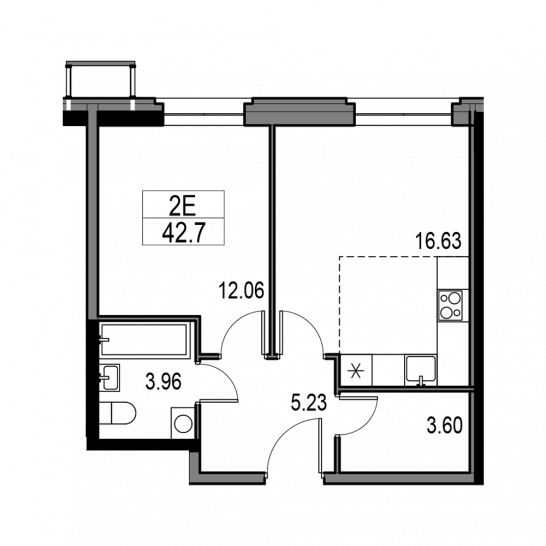 Двухкомнатная квартира 42.7 м²