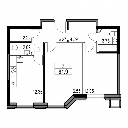 Двухкомнатная квартира 61.9 м²