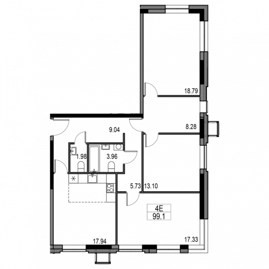 Четырёхкомнатная квартира 99.1 м²