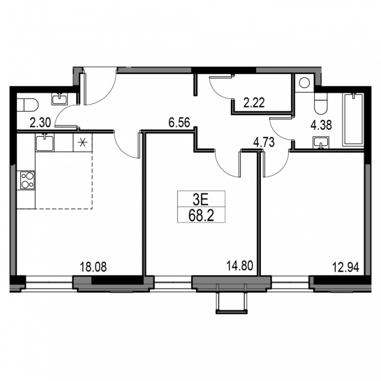 Трёхкомнатная квартира 68.2 м²