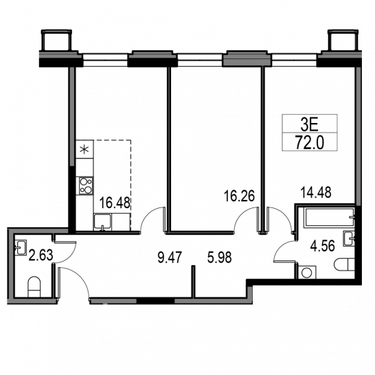 Трёхкомнатная квартира 72 м²