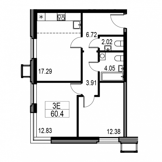 Трёхкомнатная квартира 61.2 м²