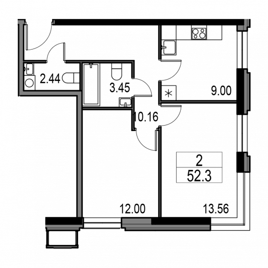 Двухкомнатная квартира 52.3 м²