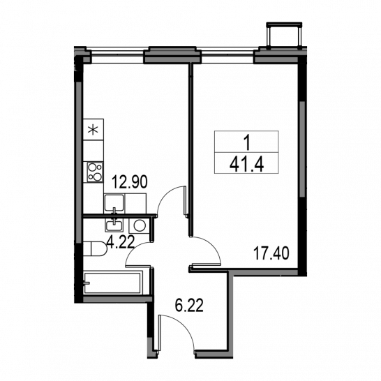 Однокомнатная квартира 41.7 м²