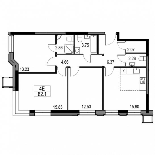 Четырёхкомнатная квартира 77.6 м²