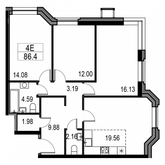 Четырёхкомнатная квартира 86.4 м²