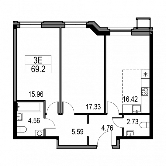 Трёхкомнатная квартира 69.5 м²