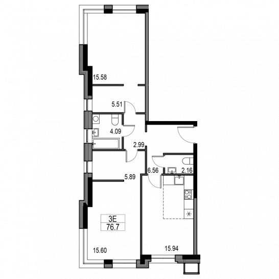 Трёхкомнатная квартира 76.7 м²